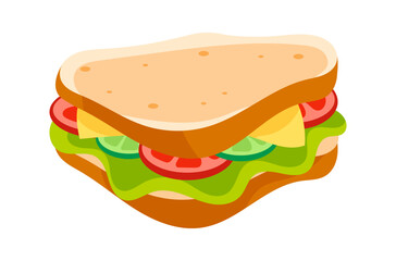 Delicious sandwich with cheese, lettuce, tomato and cucumber slices on white background