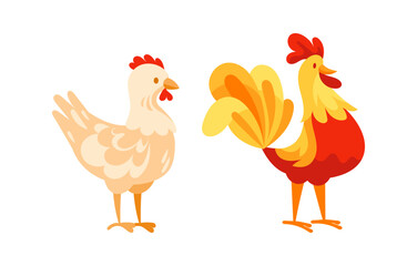 Hen and Rooster standing side by side representing poultry farming
