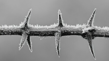 A detailed close up image of frosted thorns on a branch