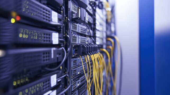 View of servers and cabling in server room or data center.