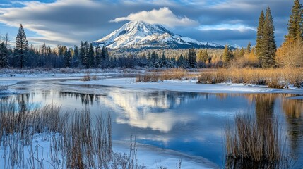 Snowy mountain and reflecting water in a beautiful winter landscape