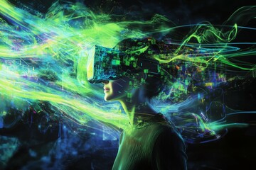 Fototapeta premium Conceptual illustration of a business woman immersed in virtual reality, wearing a futuristic headset as vibrant holographic charts and dynamic data streams swirl around.