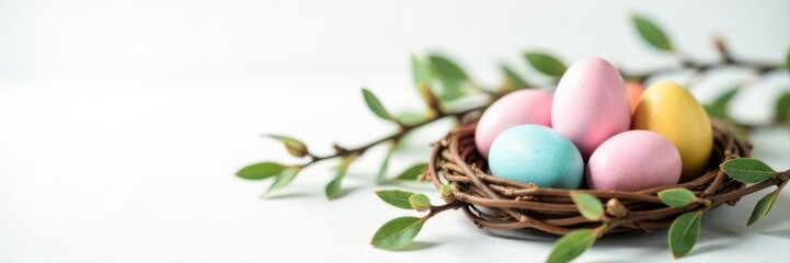 Pastel eggs nestled amongst delicate willow branches on white background, element, scene, delicate