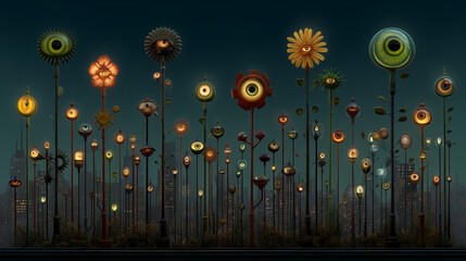 Obraz premium Surreal cityscape with imaginative streetlights shaped like eyes at night