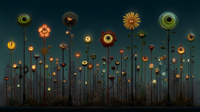 Surreal cityscape with imaginative streetlights shaped like eyes at night