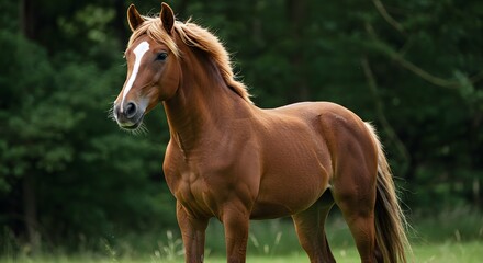Obraz premium Chestnut Horse Standing in Grassy Field with Dark Green Trees