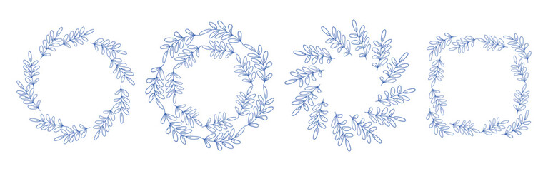 Mediterranean blue branches circular frame set. Minimal hand drawn design with leaves. Perfect for wedding invitations, cards, logo design, and posters.