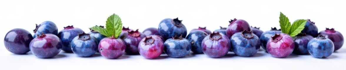 Obraz premium Scattered ripe blueberries, vibrant color, against pure white backdrop , fruit, food