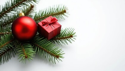 Festive Christmas Ornament and Gift on Pine Boughs: A Classic Holiday Image