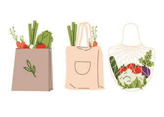 Illustration of three eco friendly shopping bags filled with fresh vegetables. Minimalist flat style perfect for promoting zero waste, farmers markets, or healthy living. Vector illustration