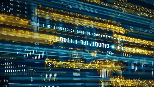 Abstract digital data streams with glowing binary code and graphical elements in a futuristic setting