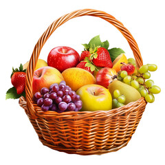 A basket filled with fresh fruits, such as apples, strawberries, and grapes, isolated on a transparent background 