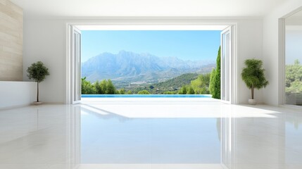 Fototapeta premium Bright empty modern room with reflective white floor and open folding doors looking out to a swimming pool and mountain landscape.