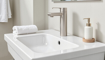 Modern bathroom sink with elegant accessories in neutral tones  