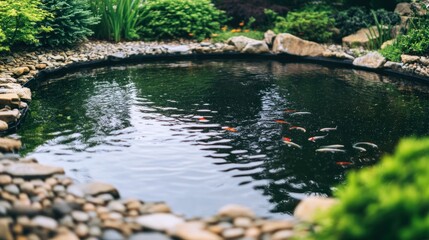 A tranquil garden pond featuring colorful fish surrounded by greenery