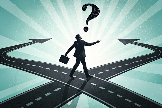 business decision making direction career path leadership challenge opportunity success strategy future choice doubt planning confusion concept crossroad question mark thinking background