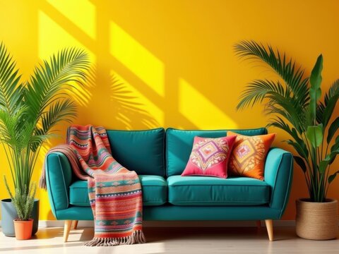 Sof&aacute; contempor&aacute;neo verde azulado con manta de punto, cojines estampados, plantas de interior tropicales y un fondo amarillo