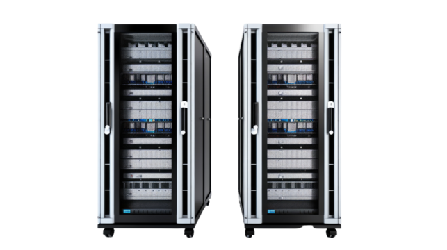 Full-Size Data Center Server Racks with LED Lighting on White Background