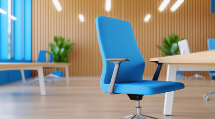 Modern blue office chair is positioned in bright workspace with wooden walls and green plants, creating vibrant atmosphere