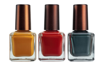 Three Bottles Of Nail Polish Yellow, Red, And Dark Gray With Gold Glitter Caps isolated on transparent background