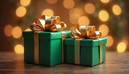 Emerald green gift boxes adorned with golden bows on a polished wooden surface, surrounded by warm bokeh lights, celebrating luxury and festive joy.  Magical concept of Christmas and New Year holidays