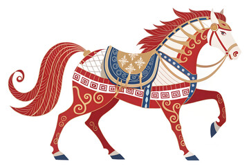 Decorative Red Horse Illustration with Traditional Ornamental Design
