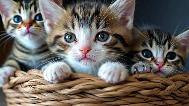 Three adorable kittens resting in a woven basket with a blurred background. The kittens display distinct striped patterns and various shades of brown, with a soft, natural light