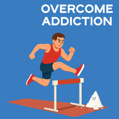 Vector illustration about international day against the spread and use of drugs. A young boy jumps over the barrier leaving behind his addiction to drugs in the form of cocaine.
