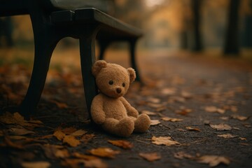 Lonely teddy bear abandoned under park bench surrounded by autumn leaves, emotional scene