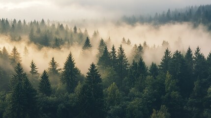 Misty morning in a lush evergreen forest with sunlight fog fir pine view calm gold grey dark trees