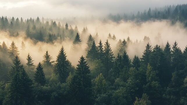 Misty morning in a lush evergreen forest with sunlight fog fir pine view calm gold grey dark trees