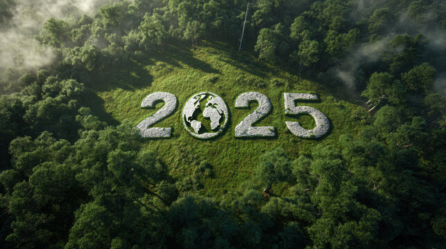 A professional graphic showing 2025 environmental message in misty forest, ideal for creative, commercial, or editorial purposes.