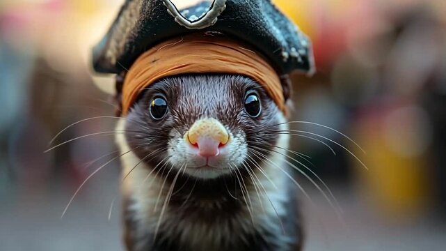 Video footage of a small animal wearing pirate attire looking at the camera with a shallow depth of field. The animal has a brown pirate hat and is in an outdoor setting