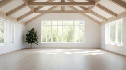 Fototapeta premium Bright empty modern room interior with white walls, light wooden floor, exposed ceiling beams, a potted plant, and large windows overlooking green trees.