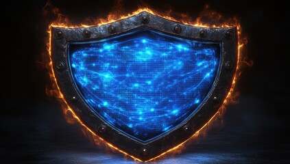 Fototapeta premium Fiery, metallic shield with glowing blue energy.