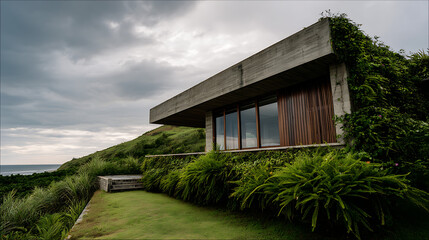 Blended Slope House With Coastal View And Green Architecture, Ideal For Environmental Real Estate Brands, Eco Lifestyle Promotions, And Design Sustainability Visuals