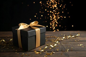 Gift of Elegance: A sleek, black gift box tied with a luxurious gold ribbon sits on a rustic wooden surface, embellished by a sprinkling of shimmering confetti and serpentine.
