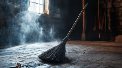 A rustic broom rests upon a stone floor by a window