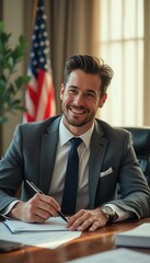 Confident Official in Suit Signing Documents at Desk with American Flag Backdrop