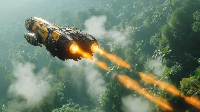 A Futuristic Spaceship Soaring High Above a Lush Green Jungle Filled with Trees and Vibrant Wildlife Below