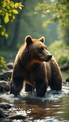 Obraz premium Majestic Brown Bear Foraging in a Shallow Riverbed, Surrounded by Lush Greenery