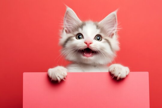 Pet concept sign. Studio cat banner. Ð¡ute cat turkish van hold in front paws a concept - large red road sign. Promo shot of pet. Isolated feline infant cub on a solid outfit pink background.