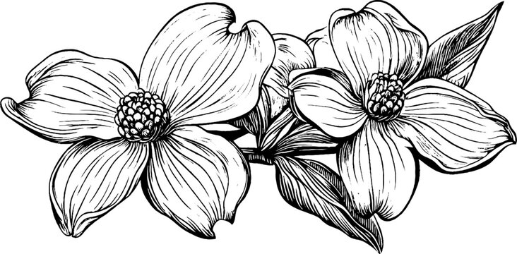 A detailed black and white illustration of two dogwood flowers with leaves, showcasing intricate line work and shading.