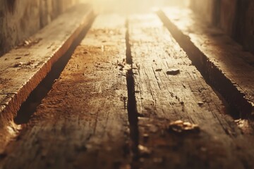 Sunlight streams across weathered wooden planks.