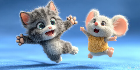 A modern digital artwork showcasing adorable 3d cat and mouse friends on blue, ideal for creative, commercial, or editorial purposes.