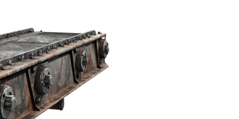 Industrial Conveyor Belt With Rusted Metal Surface. Heavy-Duty Machinery For Manufacturing And Transport Isolated On Transparent Background