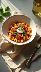 Bowl of pasta with meat sauce, creamy burrata cheese and basil leaves in sunny studio setting