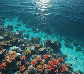 Obraz premium Sun-dappled turquoise ocean surface, vibrant coral reef below , aquatic, sky, flora