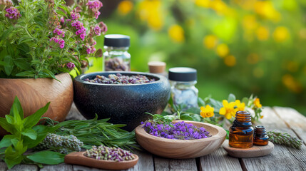 Traditional herbal remedies and spices displayed naturally in a garden