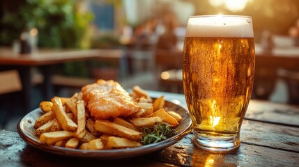 Outdoor pub meal with fish and chips and beer